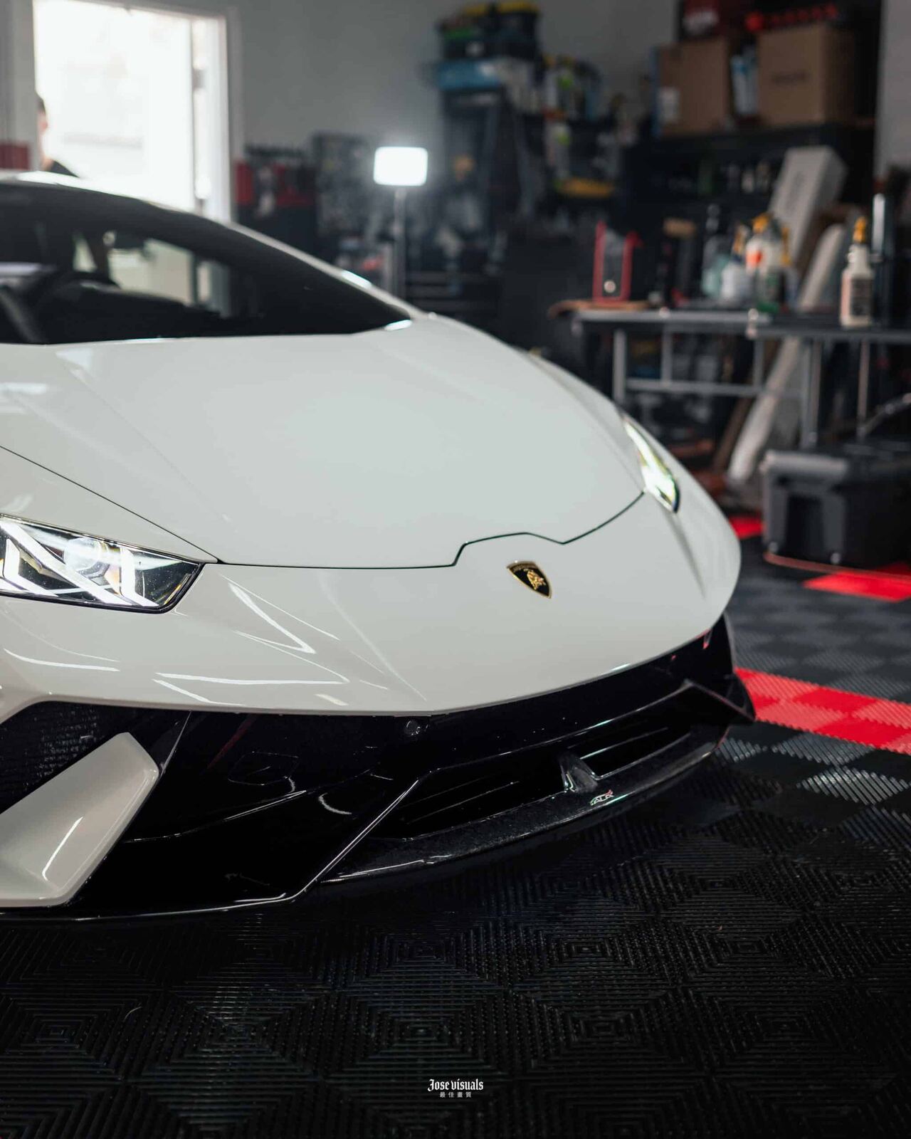White Lamborghini Huracan inside the Detailing Tech Garage studio